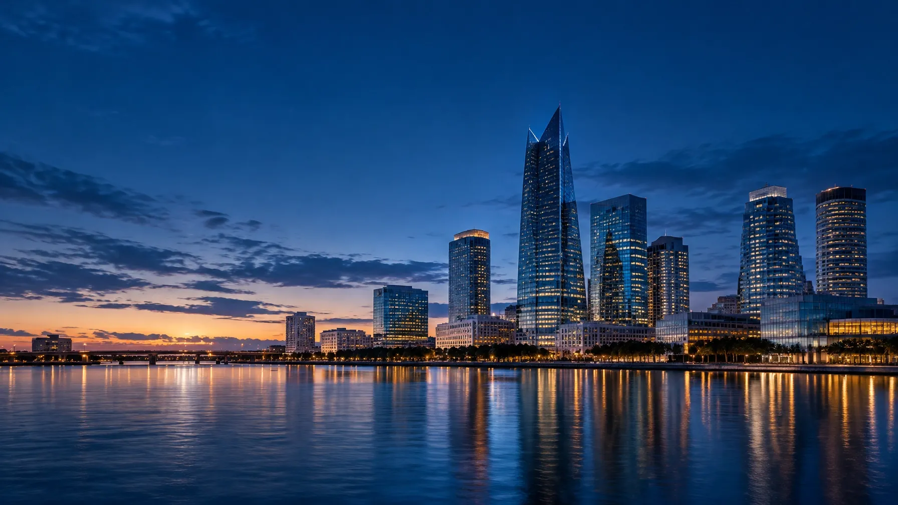 Downtown Tampa skyline across the Hillsborough River at blue hour